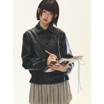 "Venus Gallery" Black Ruffle Collar Cropped Faux Leather Jacket