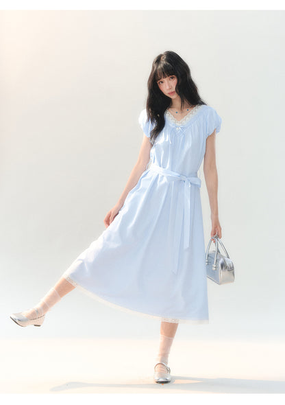 [CAN] "Cloud Daydream" Sky Blue Plaid Lace V-Neck Puff Sleeve Dress