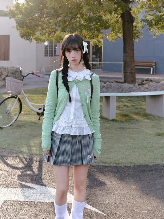 "Spring Jade" Green Polka Dot Collection (Green Knit Cardigan / White Blouse / Green Plaid Pleated Skirt)