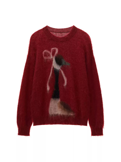 MAMC - Burgundy Bow Duck Jacquard Fuzzy Knit Sweater