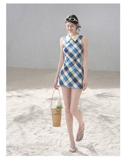 "Sunset by the Shore" Vintage Blue Plaid Polo Mini Dress 358648564
