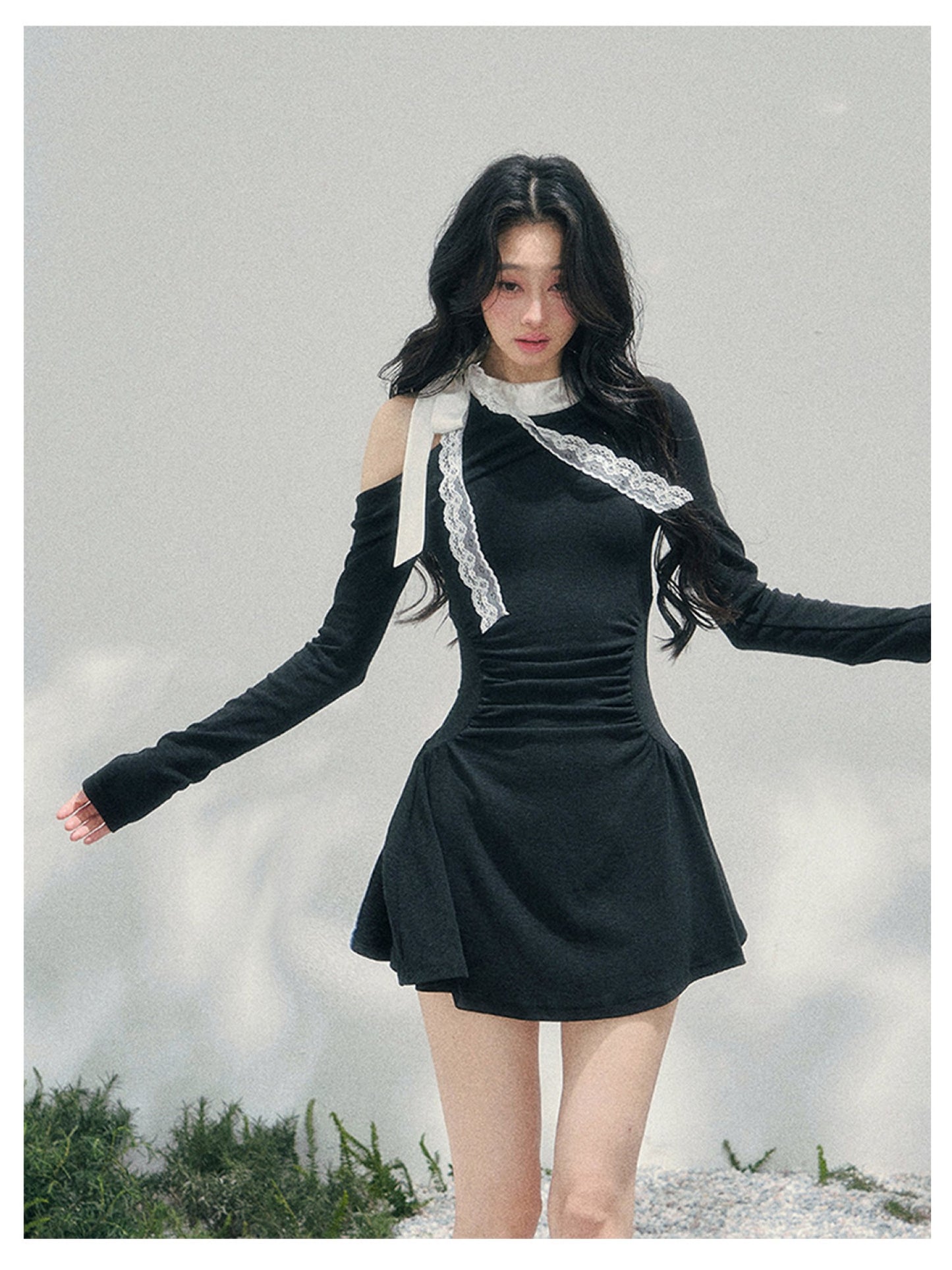 少也眼 “Lingering Warmth Entwined” Layered French Lace One-Shoulder Mini Dress - Serene Black 5435553