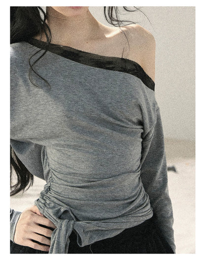 "Free Spirit" Moon Mist Gray Faux-Layer One-Shoulder Lace Top