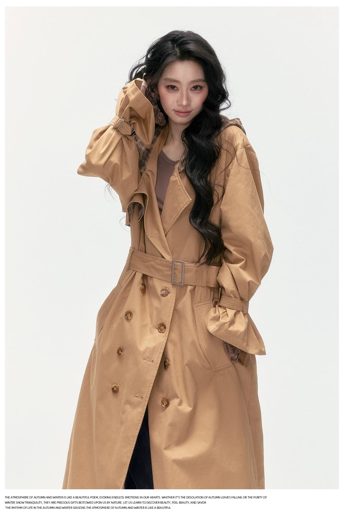 24olvides - Brown Long Padded Trench Coat with Plaid Hood