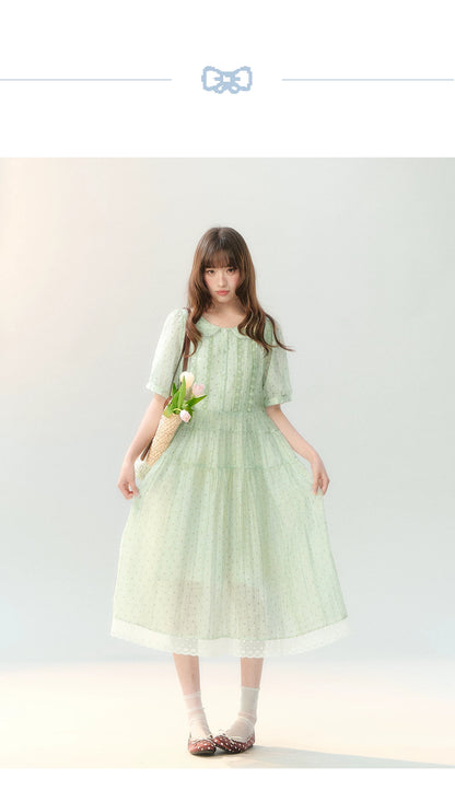 "Hyacinth Ballad" Sage Green Polka Dot Tiered Dress LL2026210