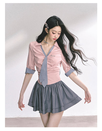少也眼 "London Chronicle" Structured Plaid Puff-Sleeve Mini Shirt Dress - Gray Pink