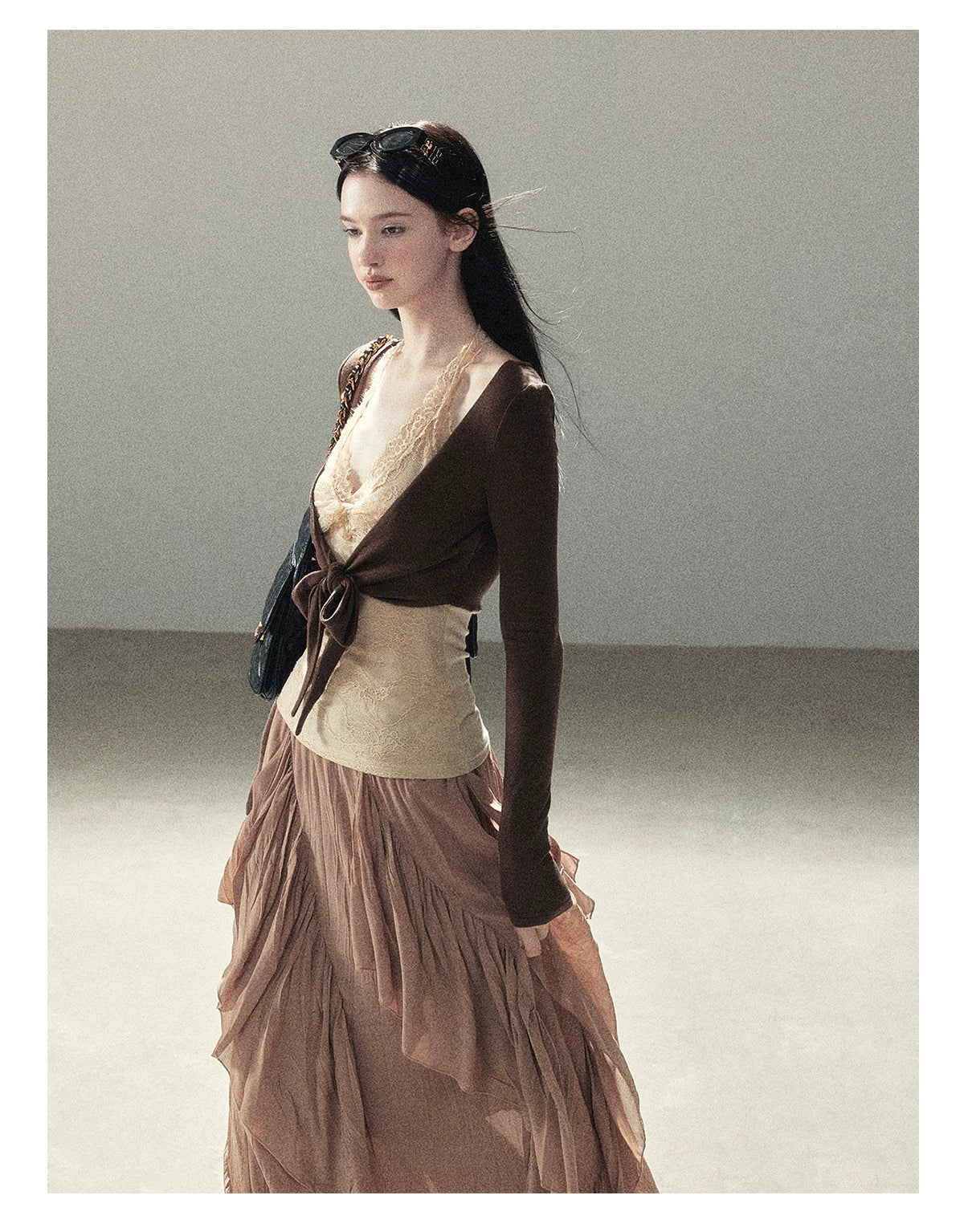 AOMALM - "Tender in This Moment" Rich Cocoa Faux Two-Piece Lace Top