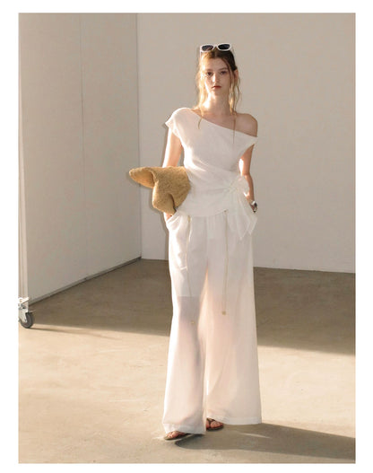 "Her Moonlight" Camellia White Off-Shoulder Top & Wide-Leg Pants Set