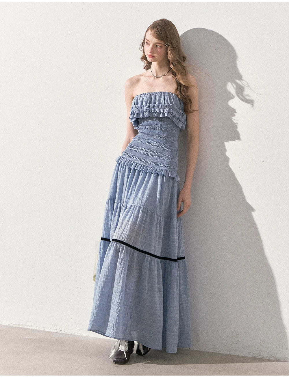 "Twilight Verses" Misty Blue Smocked Ruffle Maxi Dress