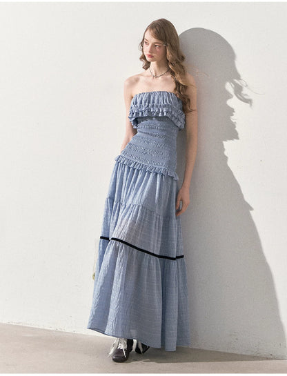 "Twilight Verses" Misty Blue Smocked Ruffle Maxi Dress