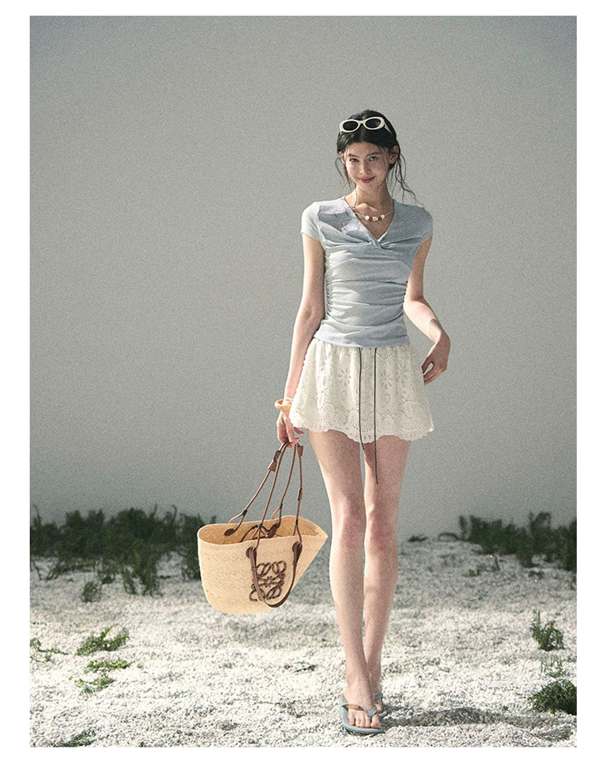 “Sheer Spring Whisper” Moonlight Blue Twist V-Neck Top