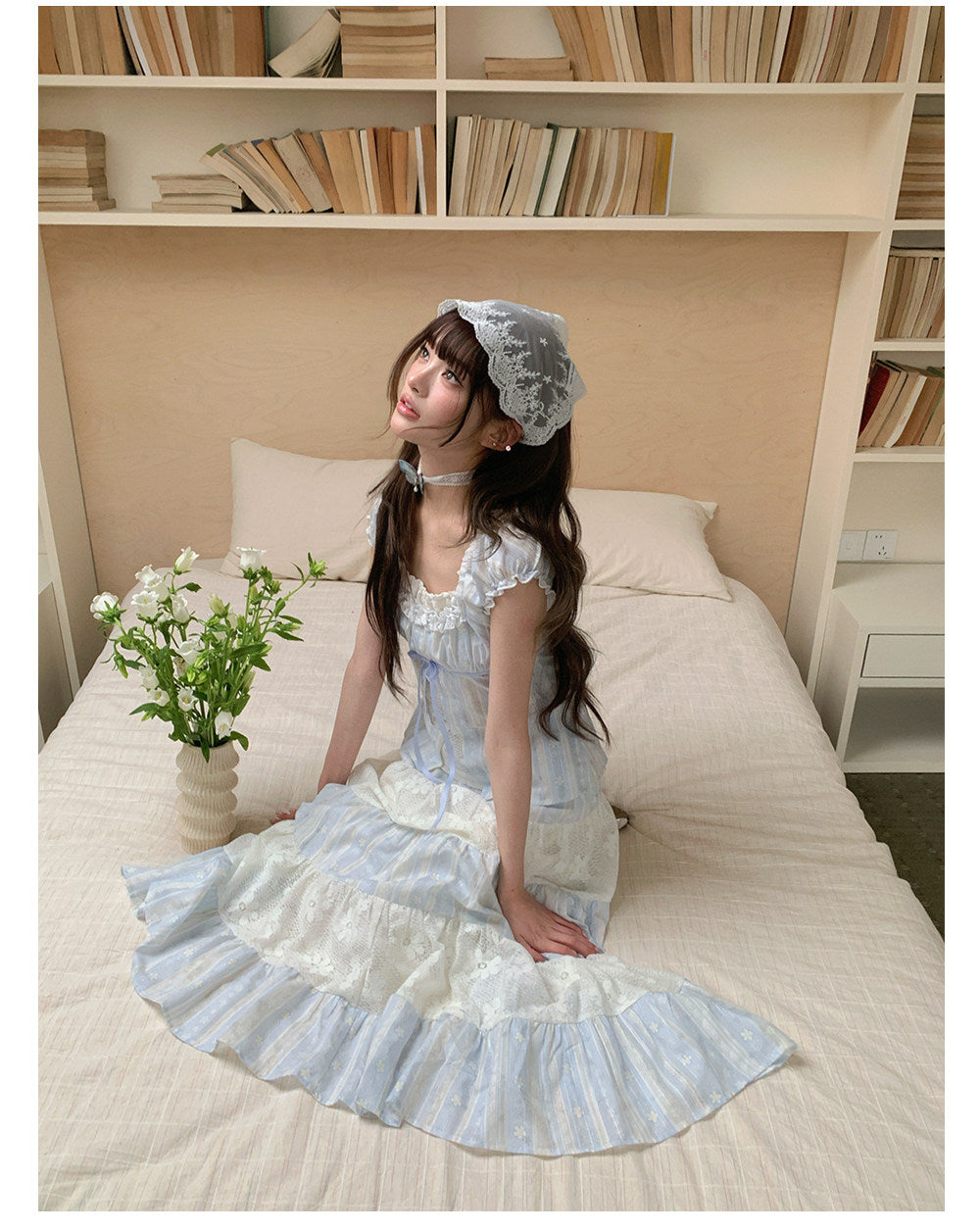 “Sea Salt Reverie” Blue Square Neck Blouse & Lace Tiered Maxi Skirt