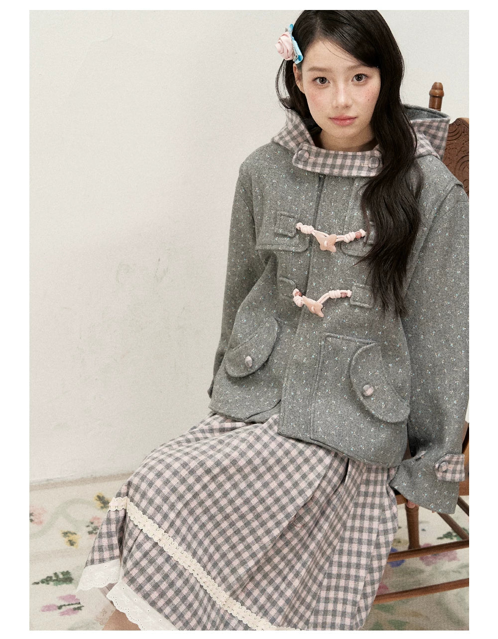 [RF] Floral Heather Gray Pink Plaid-Trim Hooded Duffle Coat