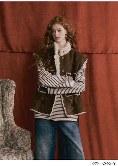 ASGONY - Brown Reversible Suede Faux Shearling Drawstring Vest