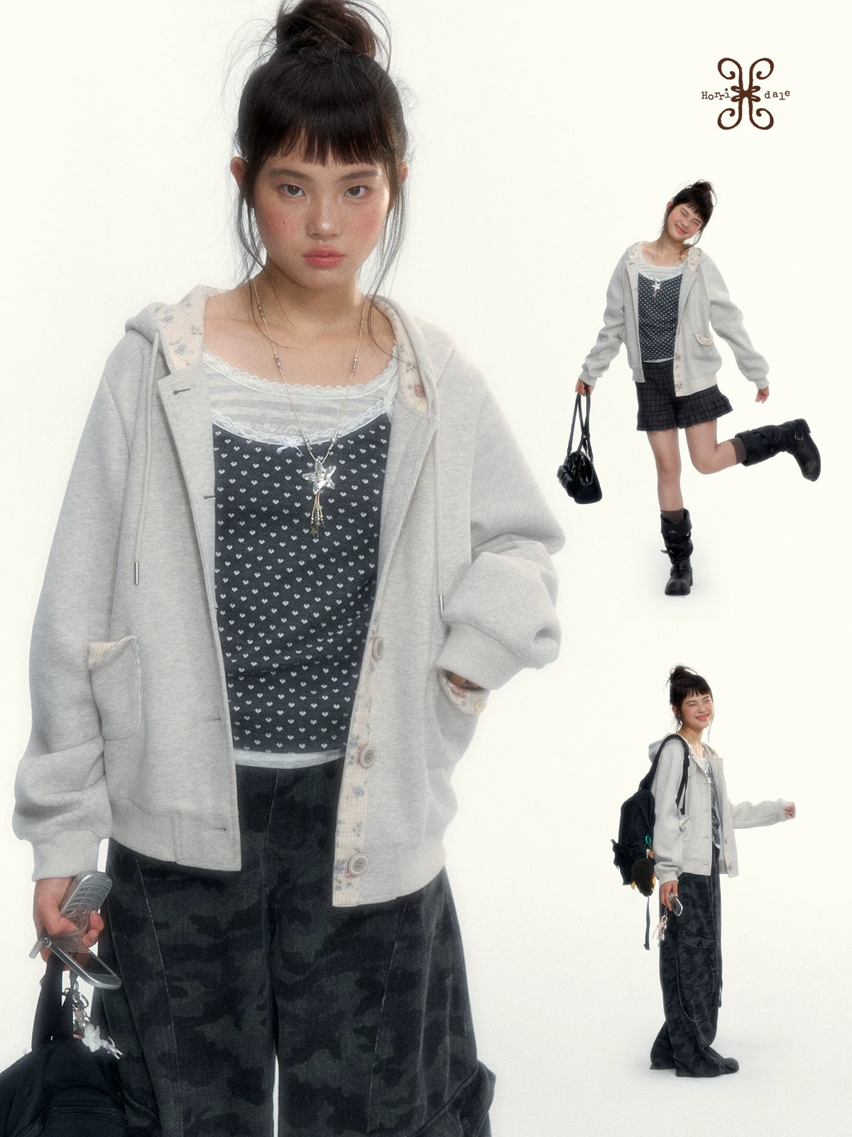 “Blooming Reverie” Light Heather Gray Floral Hooded Cardigan Sweatshirt