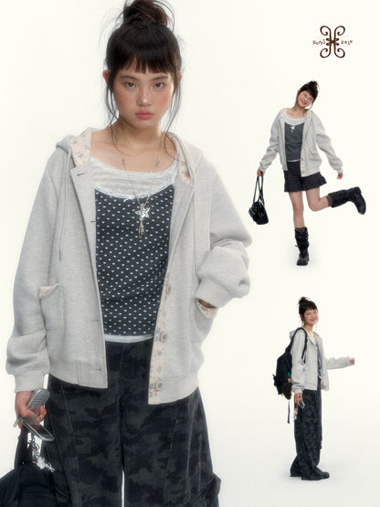 “Blooming Reverie” Light Heather Gray Floral Hooded Cardigan Sweatshirt