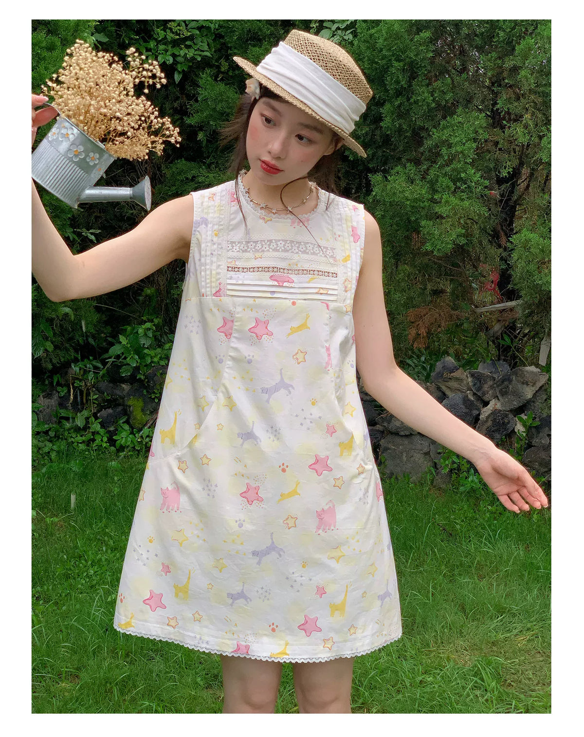 [RF] “Starry Pals” Ivory Animal Print Lace-Trim Sleeveless Mini Dress