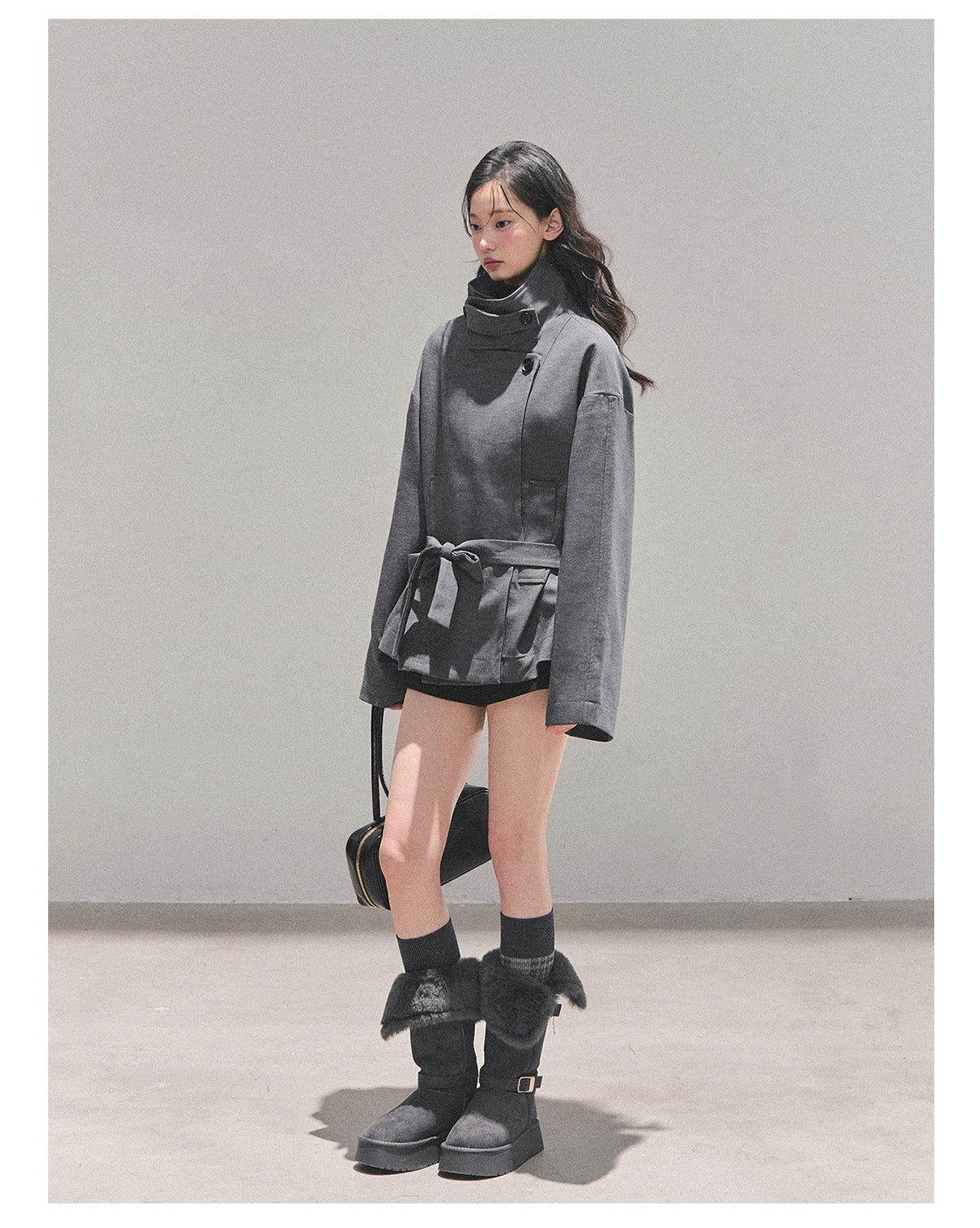 少也眼 “First Snow, Softened” Hepburn-Style Winter Trench Coat - Gray 941615