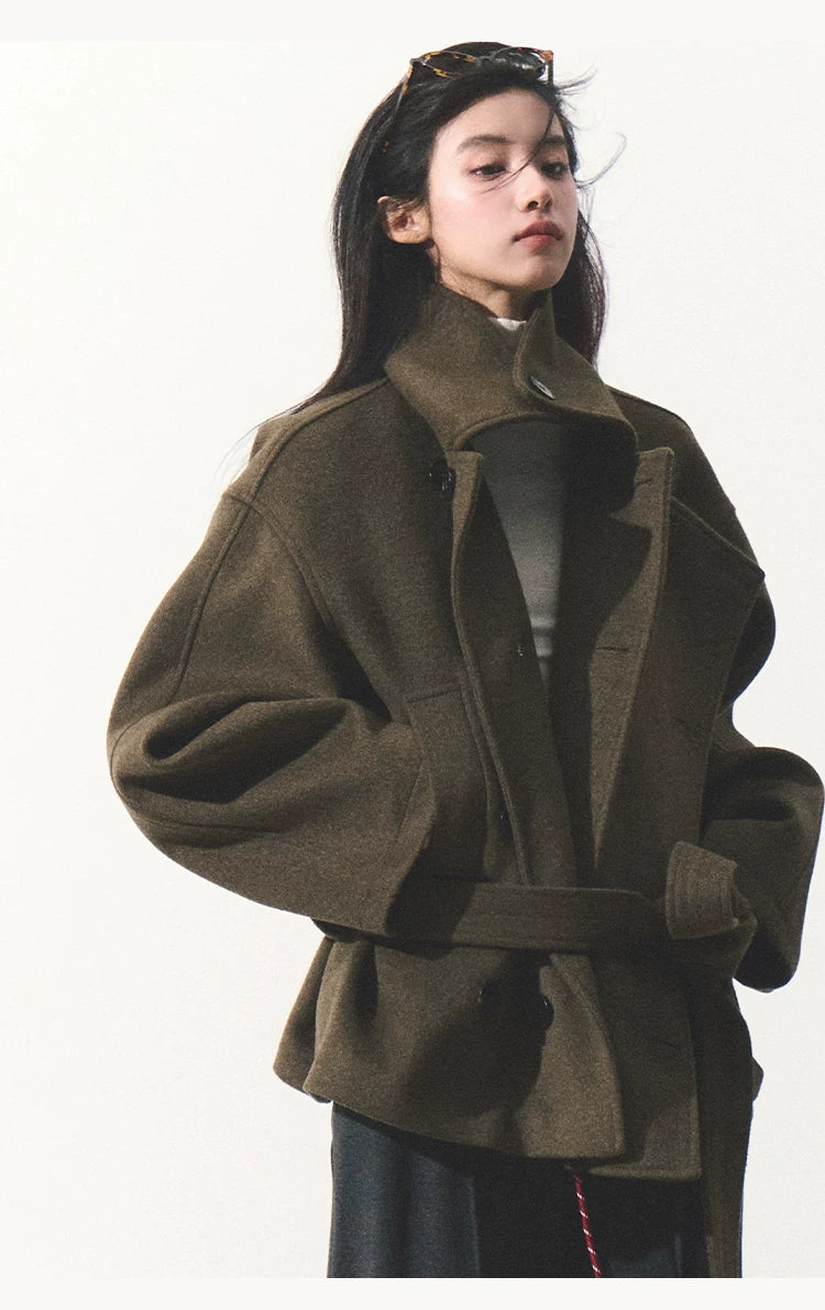 OAKMOO/ "The Flowers Are in Full Bloom" Jade Green Wool-Blend Short Belted Coat