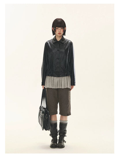 "Venus Gallery" Black Ruffle Collar Cropped Faux Leather Jacket