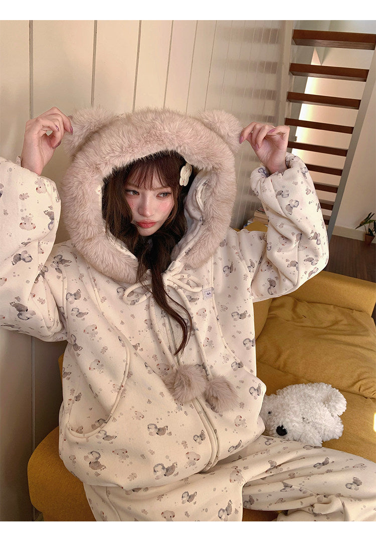 阮阮自制 - Honey Bear Ivory Plush Padded Jacket & Fleece Pants Set