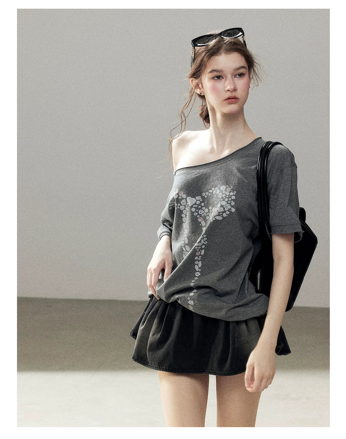 "Muted Shades of Gray" Silver Mouse Gray Off-Shoulder Tee