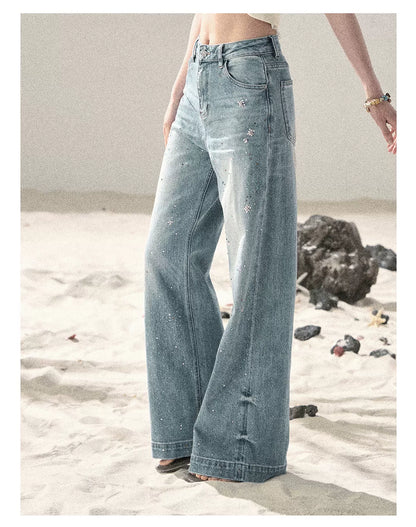 "Starlit River Shimmer" Distant Sky Blue Rhinestone Wide-Leg Jeans 65633