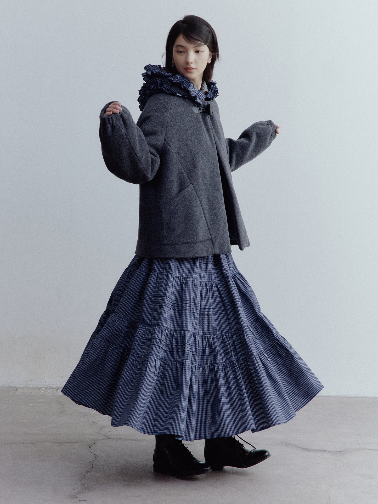 FUSSED Strange Circus Wool Hooded Ruffle-Trim Coat in Deep Heather Grey FOF-25SS137
