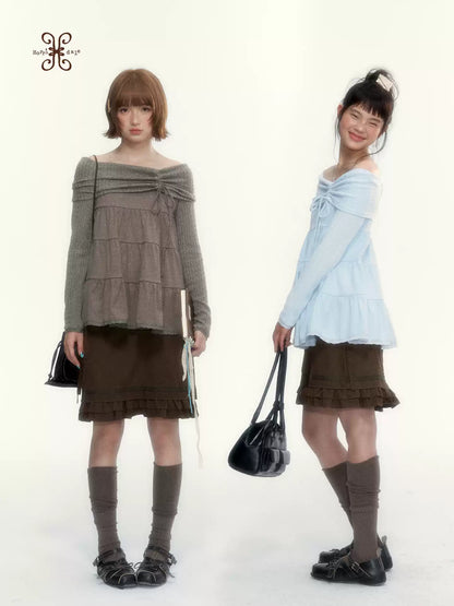 “Wild Caramel” Brown Washed Layered Ruffle Bow Pocket A-Line Skirt