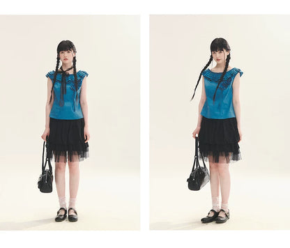"Black & White Sonata" Polka Dot Mesh Tiered Jellyfish Skirt (White/ Black)