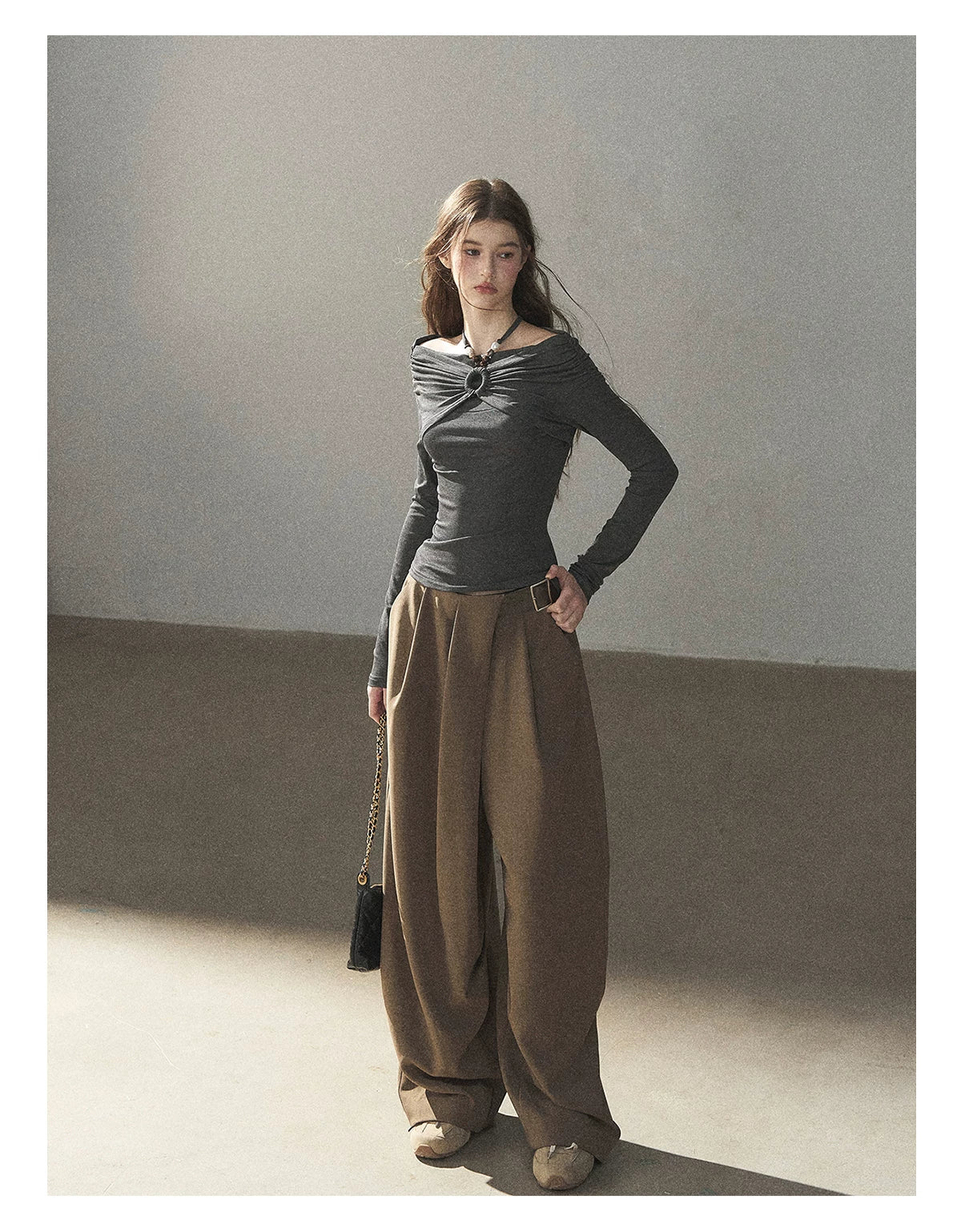 AOMALM - "A Touch of Autumn" Loose Relaxed Balloon Wide-Leg Pants With Belt (Dusty Taupe Brown / Quiet Black)