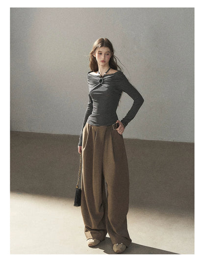 AOMALM - "A Touch of Autumn" Loose Relaxed Balloon Wide-Leg Pants With Belt (Dusty Taupe Brown / Quiet Black)