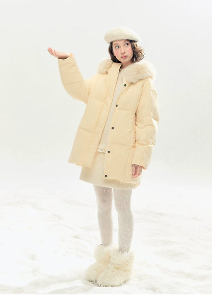 "Butter Soufflé" Vanilla Butter Hooded Mid-Length Down Coat with Faux Fox Fur Trim