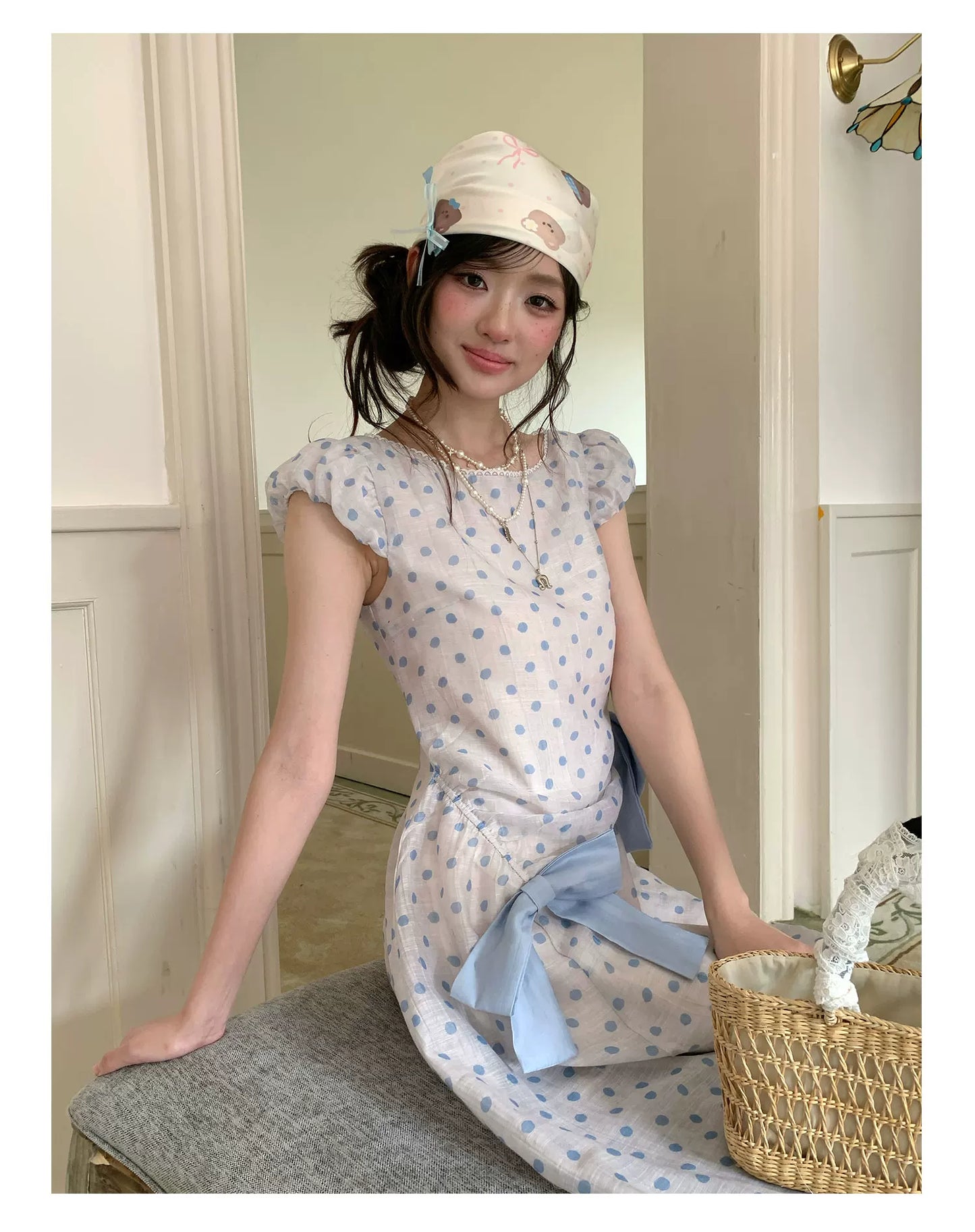 “Blue Mist Polka Reverie” Mist Blue Bow Lace Dress