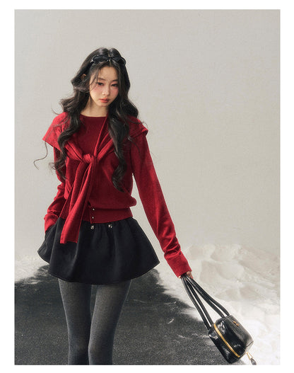 040126 "Orlane Academy" American Preppy Knit Top & Shawl Set - Angora Red