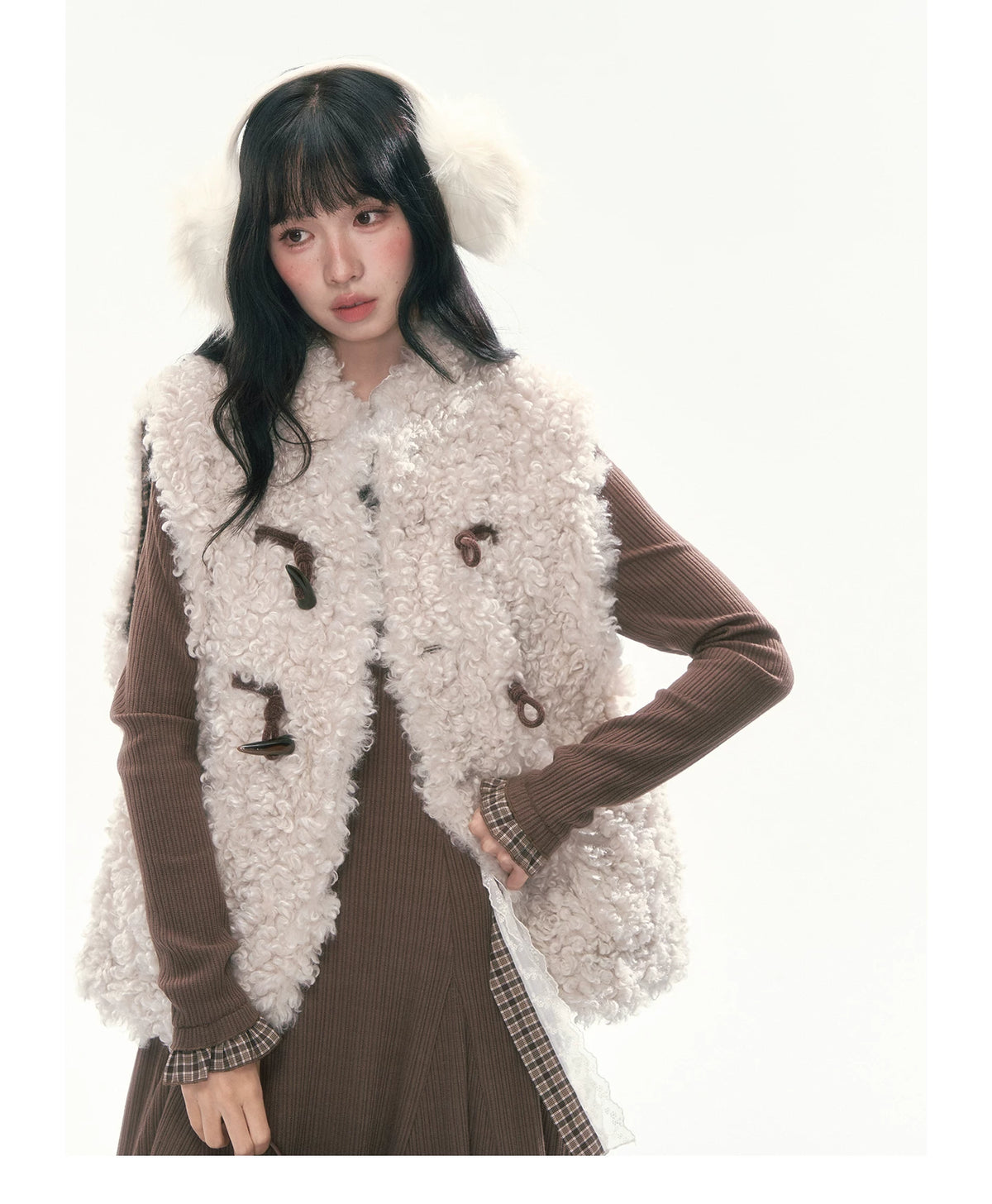 CAN - "Brownie Winterfield" Brown Plaid-Trim Ruched Knit Midi Dress
