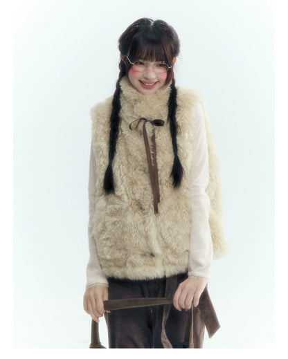 Floral Bow Lace-Tie Knit Top (Gray Floral / Light Khaki Beige)