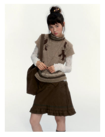 “Wild Caramel” Brown Washed Layered Ruffle Bow Pocket A-Line Skirt