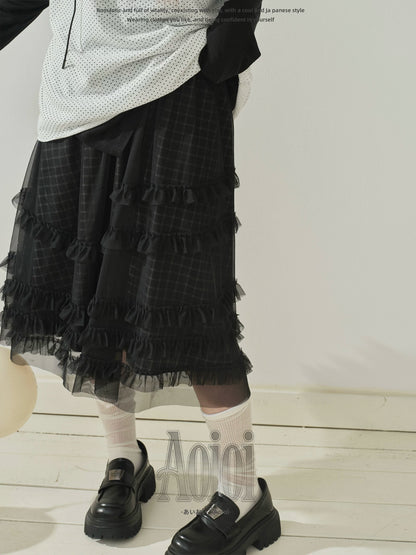"Soft Check Layers" Plaid Mesh Midi Skirt (White Plaid / Black Plaid)