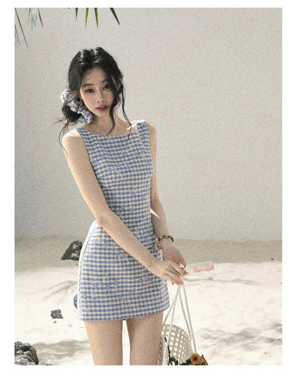 "Sea Breeze Reverie" Sky Blue Embroidered Plaid Mini Dress (With Matching Scrunchie)