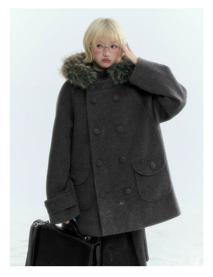 Japanese Hooded Double-Breasted Wool Coat (Deep Charcoal Gray / Taro Purple)