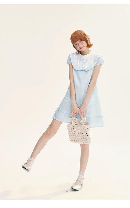 "Sea Salt Fizz" Baby Blue Cutout Embroidered Peter Pan Collar Puff Sleeve A-Line Dress
