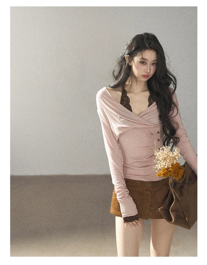 AOMALM - "Rose Garden Daydream" Misty Pink Korean Layered Lace Long-Sleeve Halter Top