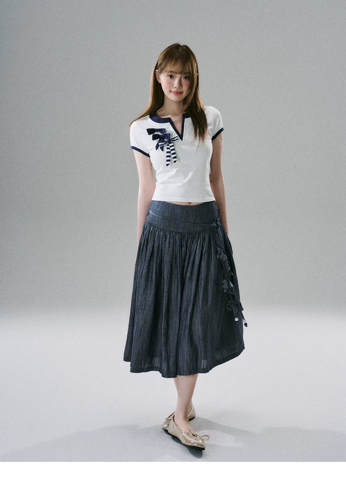 LOST FOREST - Flower Belt Striped Midi Dress (Natural Hemp / Blue Stripe / Orange Stripe)