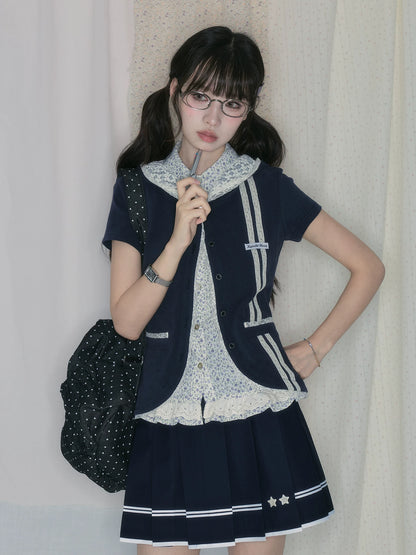"Midnight Blossom" Vintage Floral Collection (Sleeveless Blouse / Hooded Cardigan / Box Pleated Skirt)