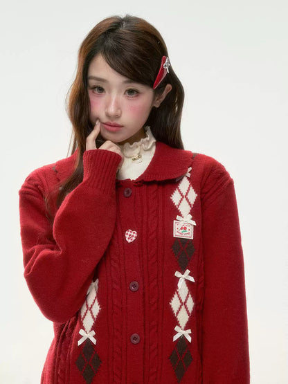 BIBIBENCY - Red Argyle Knit Cardigan with Bow Details