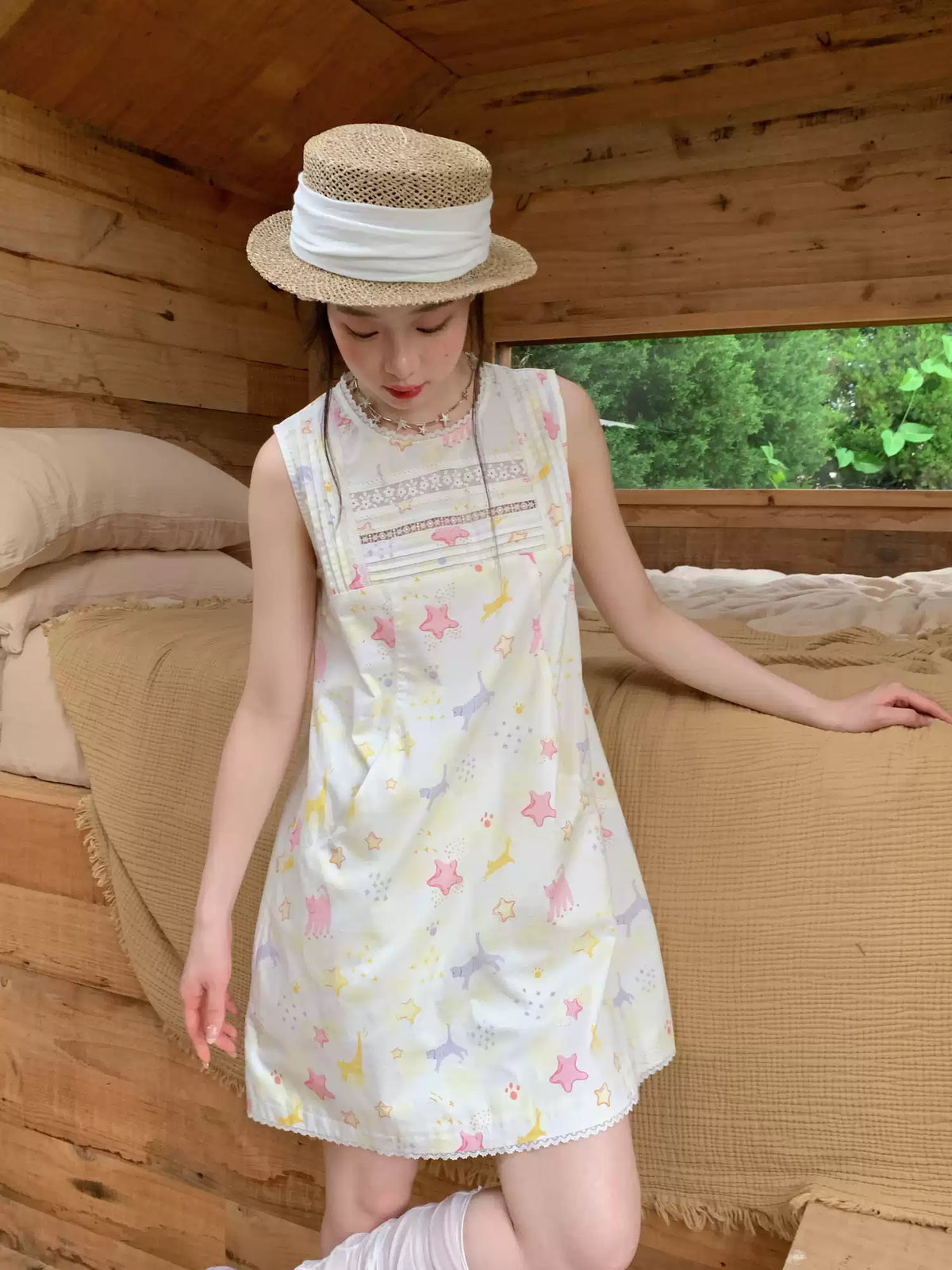[RF] “Starry Pals” Ivory Animal Print Lace-Trim Sleeveless Mini Dress