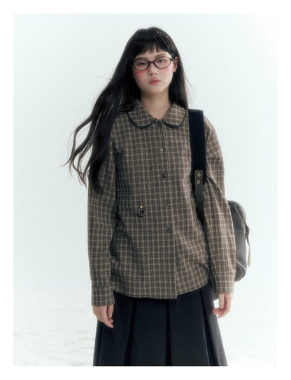 Horridale - Brown Khaki Plaid Embroidered Peter Pan Collar Shirt