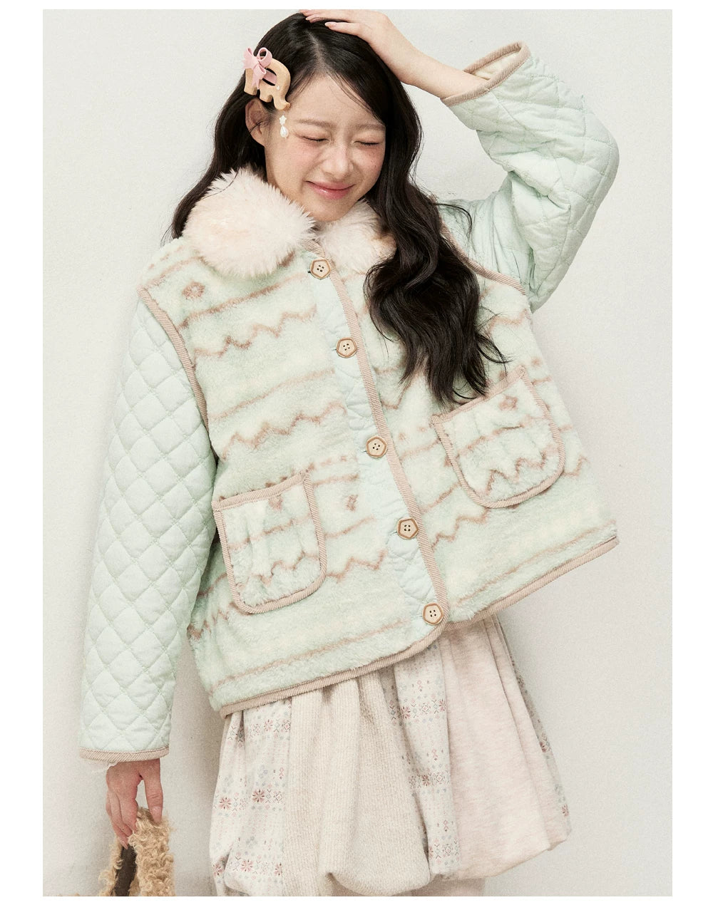 RF - Mint Green and Light Brown Fair Isle Quilted Faux Fur Vest Jacket