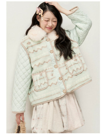 RF - Mint Green and Light Brown Fair Isle Quilted Faux Fur Vest Jacket